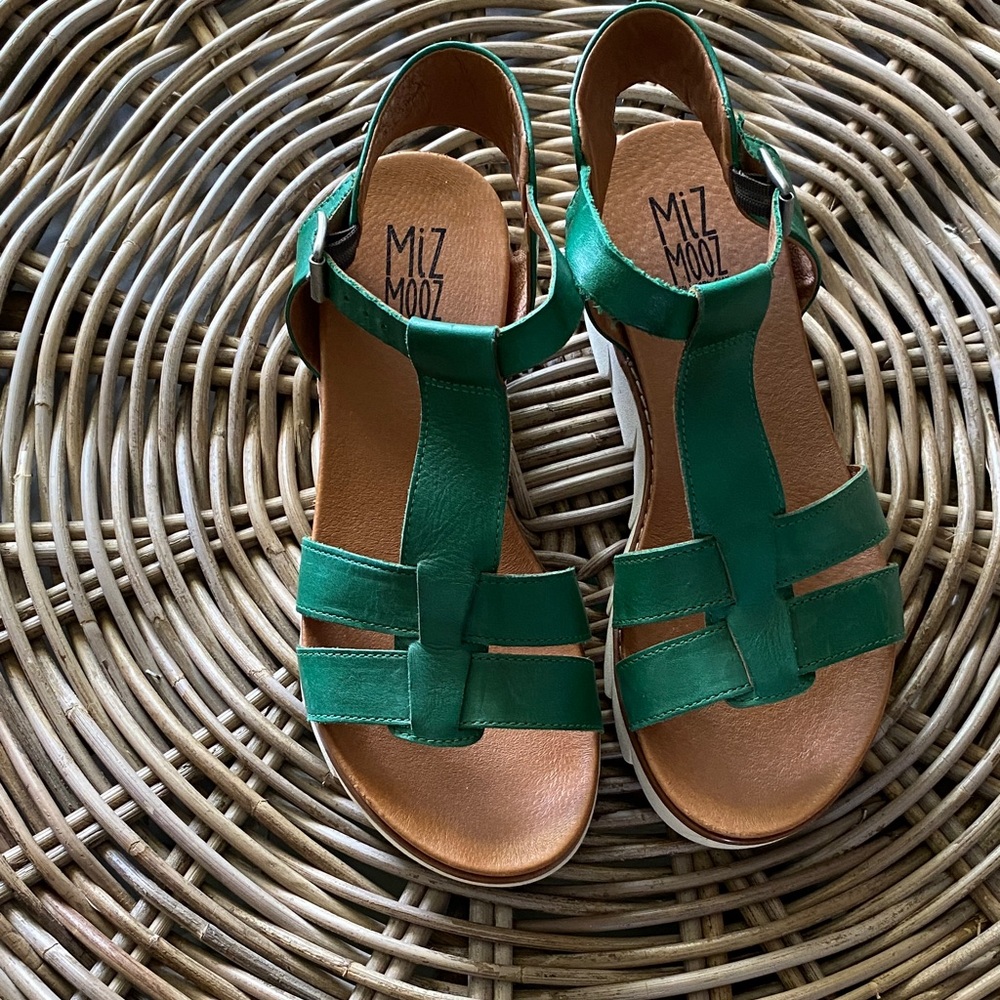 Miz Mooz Emerald Green Leather T-Strap Sandals
